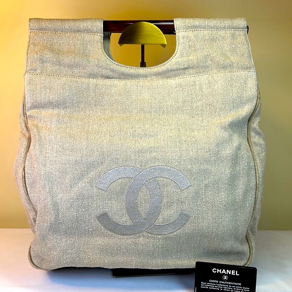 CHANEL CC RARE Canvas Tortoise Handle Tote Bag Auth Card #4 1996-97 w/COA